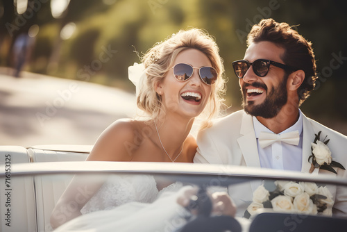 Newlywed bride and groom in a car