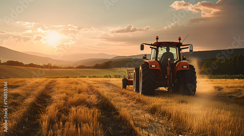 A farmer driving a tractor in a field photo