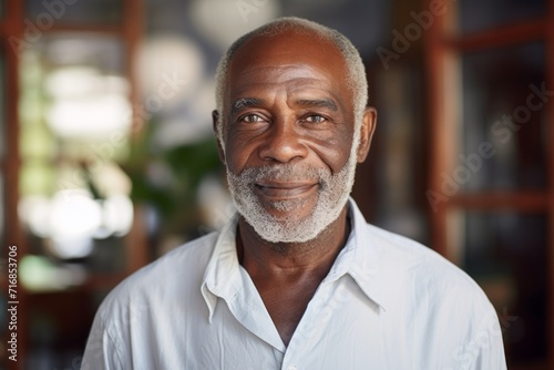 Portrait of a glad afro-american elderly man in his 90s donning a classy polo shirt against a scandinavian-style interior background. AI Generation © CogniLens
