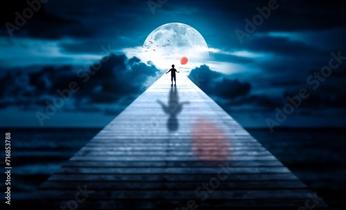 An artwork of a kid walking on a wooden way bridge in the sky, road to the moon, alone, mysterious and dreamy, fantasy and abstract, a baby in imagination going to a full moon journey for adventuring.