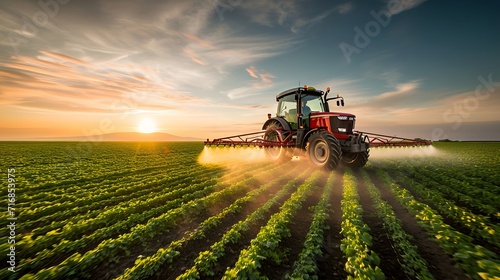 tractor is spraying pesticide on a field at sunset or dawn with a dramatic sky in the background
