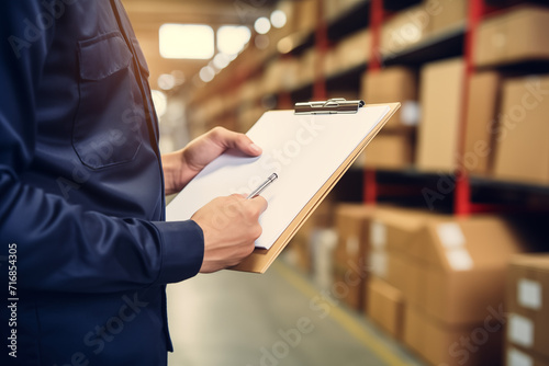 Postman registering carton box and writing data and information in document