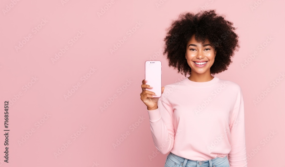Young smiling african american woman showing smartphone standing isolated over pink background. Young smiling african american woman showing smartphone standing isolated over pink background.