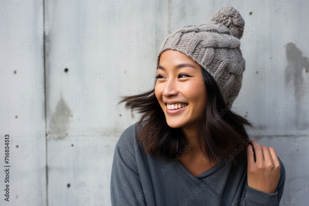 Portrait of a joyful asian woman in her 40s donning a warm wool beanie against a bare concrete or plaster wall. AI Generation Portrait of a joyful asian woman in her 40s donning a warm wool beanie against a bare concrete or plaster wall. AI Generation