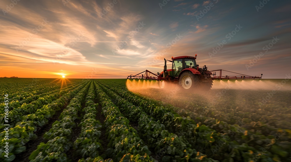  tractor is spraying pesticide on a field at sunset or dawn with a dramatic sky in the background
