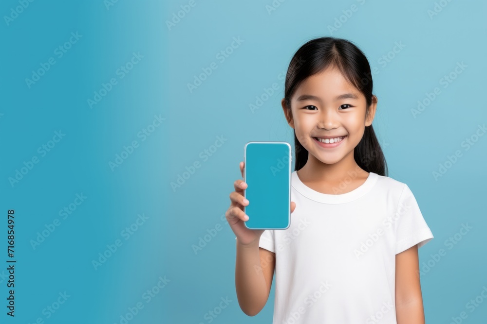 Happy kid tween teen asian girl holding phone smartphone mock up showing white blank display for advertising Happy kid tween teen asian girl holding phone smartphone mock up showing white blank display for advertising