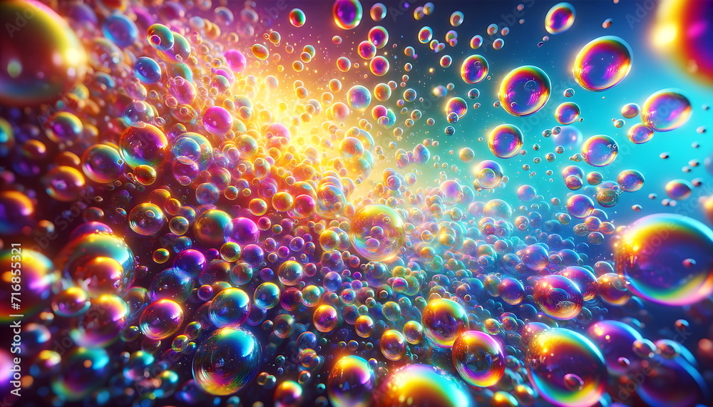 a visually captivating scene filled with vibrant bubbles reflecting the colors of the rainbow. The image should illustrate the whimsical background.