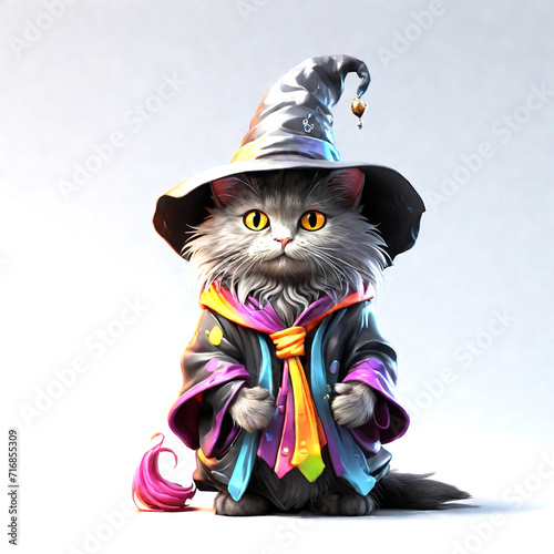 Cartoon cat with a wizard's hat, dressed in a wizard's outfit, Halloween, 