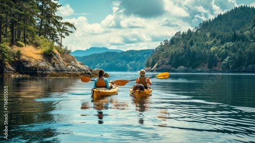 friends riding kayaks on a beautiful lake with beautiful mountains © Marco
