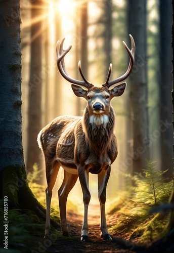 Deer antlers portrait in the woods , wildlife animal © Vieriu