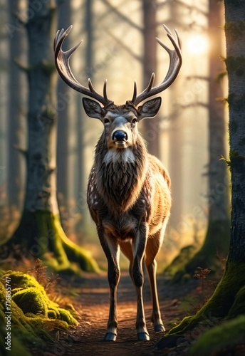 Deer antlers portrait in the woods   wildlife animal