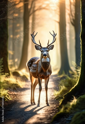 Deer antlers portrait in the woods   wildlife animal 