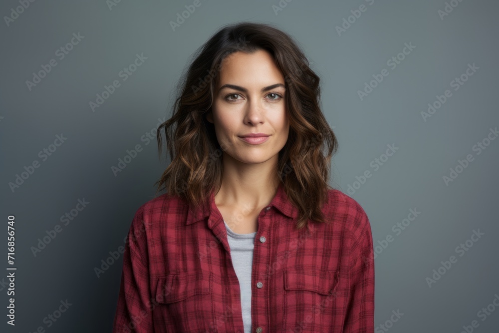Portrait of a content woman in her 30s wearing a comfy flannel shirt against a blank studio backdrop. AI Generation Portrait of a content woman in her 30s wearing a comfy flannel shirt against a blank studio backdrop. AI Generation