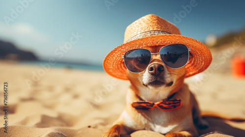 A dog wearing a yellow hat and sunglasses lies on a beach. Dog in Yellow Hat and Sunglasses on the Beach © Maria