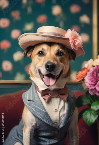 Dog dressed in vintage medieval clothes, art, animal Colourful flowers