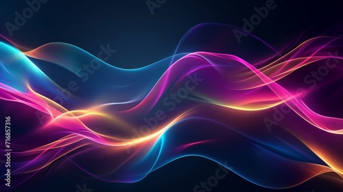 Vibrant neon light waves on a dark background, abstract and futuristic background