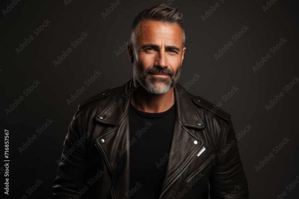 Fototapeta premium Portrait of a blissful man in his 40s sporting a classic leather jacket against a blank studio backdrop. AI Generation