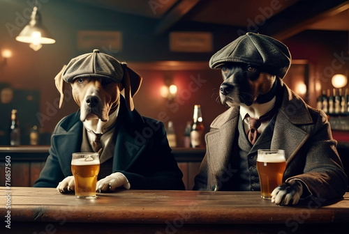 Dogs at the bar drinking beer , Mafia clothes , animal with a hat photo