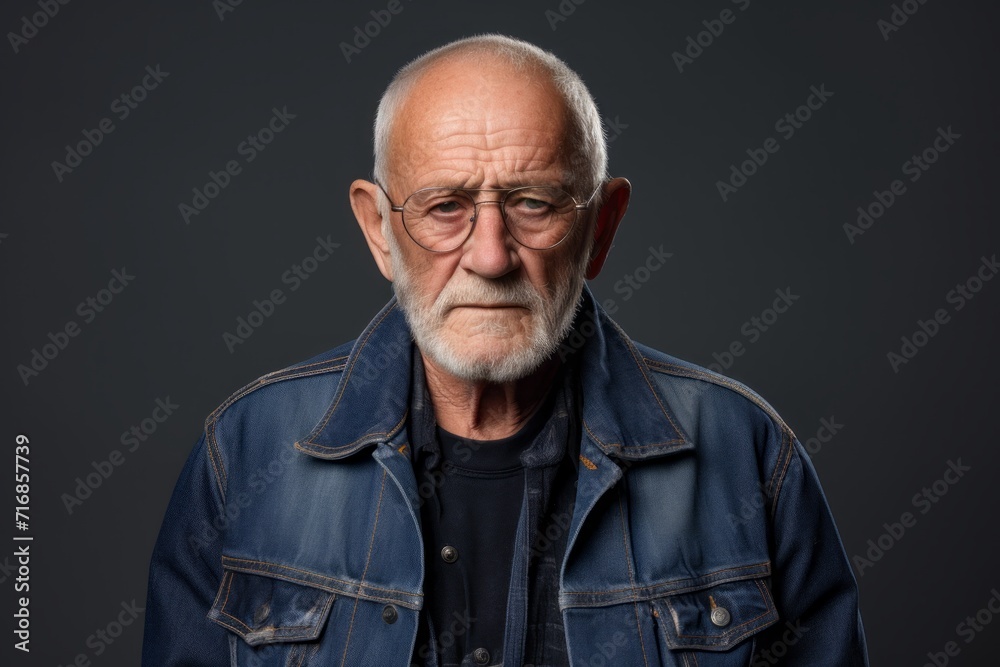Obraz premium Portrait of a content man in his 80s sporting a rugged denim jacket against a blank studio backdrop. AI Generation