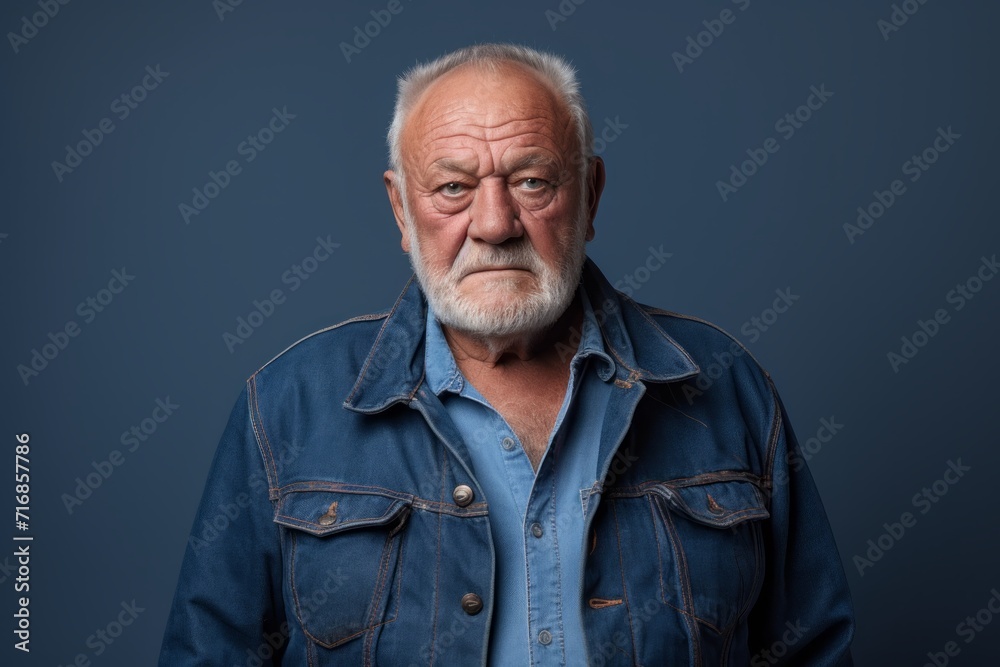 Portrait of a content man in his 80s sporting a rugged denim jacket against a blank studio backdrop. AI Generation Portrait of a content man in his 80s sporting a rugged denim jacket against a blank studio backdrop. AI Generation