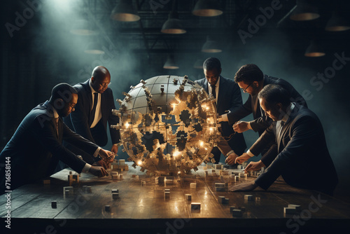 A visually elaborate scene of a business team engaged in a strategy session, hands working together to assemble a puzzle, symbolizing the collaborative strength of problem-solving.