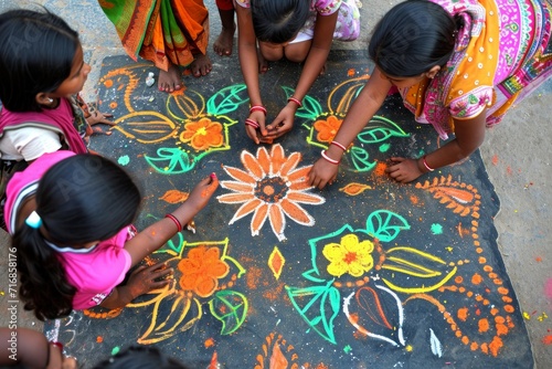 Indian Women and children decorate doorsteps with exquisite designs photo