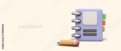 Placard with realistic notepad with blue cower and yellow pencil