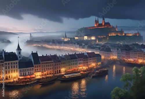 Oil painting of the old town of the 19th century in the evening with lanterns in the impressionist style with fog and smoke, street in the evening with lanterns in the old town. Old photo.