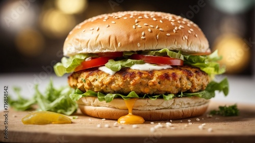 hamburger on a plate, hamburger on a wooden background