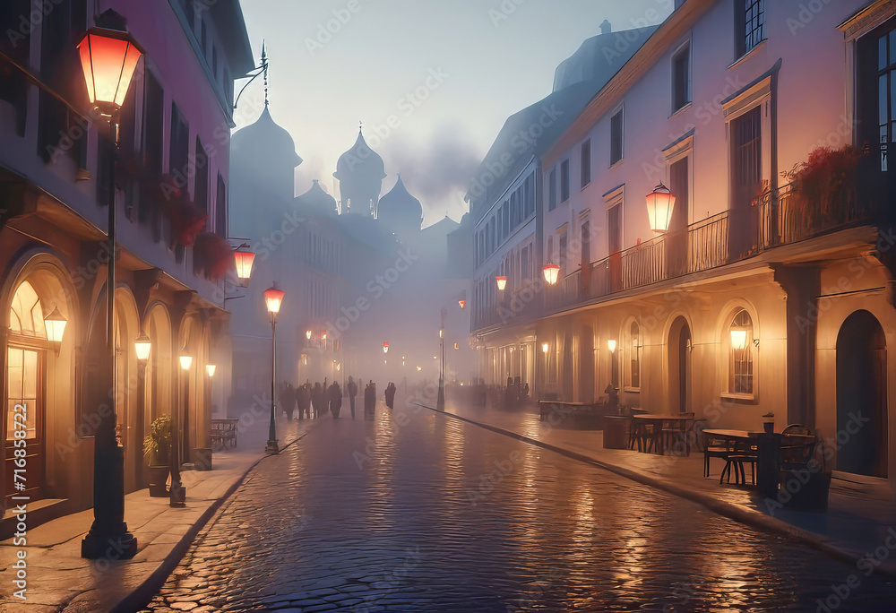 Oil painting of the old town of the 19th century in the evening with lanterns in the impressionist style with fog and smoke, street in the evening with lanterns in the old town. Old photo.