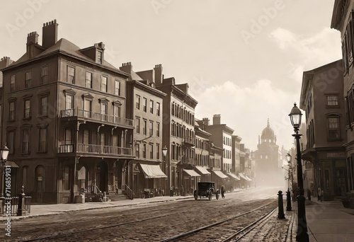 Vintage black and white (sepia) photograph of the old town of the 19th century with fog and smoke, streets in the old town, Old photograph, © Perecciv
