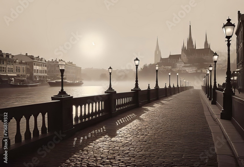 Vintage black and white (sepia) photograph of the old town of the 19th century with fog and smoke, streets in the old town, Old photograph,