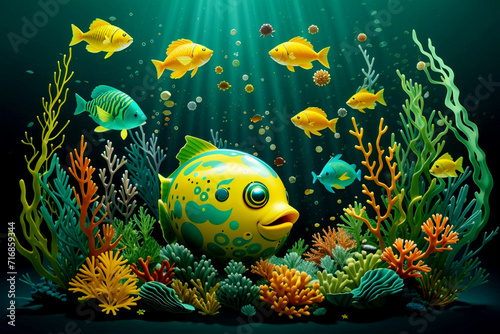marine aquarium green and yellow fish eating and blowing up under the sea with corals and other sea creatures.