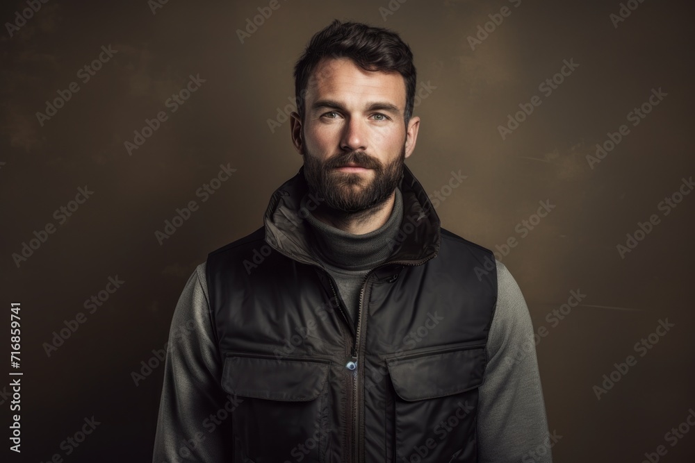 Portrait of a content man in his 30s dressed in a water-resistant gilet against a light wood minimalistic setup. AI Generation