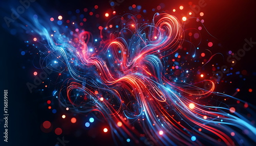 abstract background with red blue glowing neon lines and bokeh lights. © Aksaka