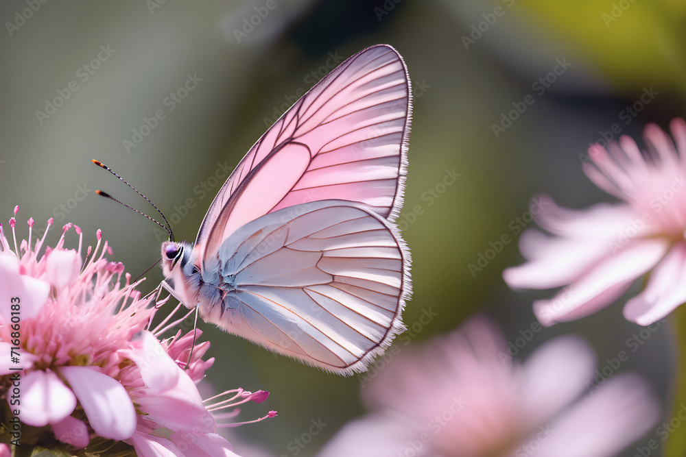 En esta imagen cautivadora, una mariposa etérea con suave pelusa rosada y blanca reposa delicadamente sobre una flor en un campo lleno de flores vibrantes. Hecho con IA. En esta imagen cautivadora, una mariposa etérea con suave pelusa rosada y blanca reposa delicadamente sobre una flor en un campo lleno de flores vibrantes. Hecho con IA.