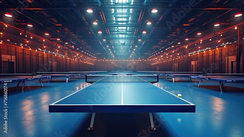 Professional table tennis arena with illuminated tables, blue floor no spectators empty, preparing for sports tournament photo