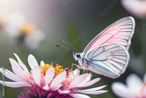 Una mariposa delicada en tonos rosados posada sobre una flor, rodeada por un campo de flores. Una escena encantadora que irradia color y naturaleza efímera de la primavera. IA. 