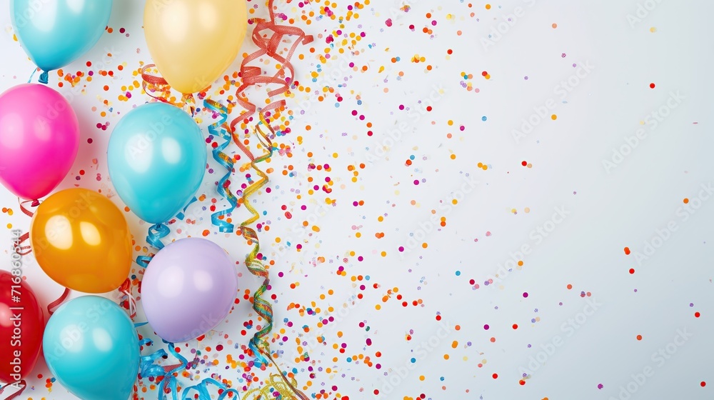 Balloons, Streamers, and Confetti Adorning an Empty Background with copy space, Happy Atmosphere of the Festival, carnival or birthday party. Balloons, Streamers, and Confetti Adorning an Empty Background with copy space, Happy Atmosphere of the Festival, carnival or birthday party.