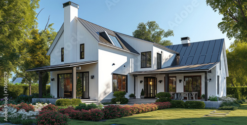 3D rendering of the white modern farmhouse with flowers garden