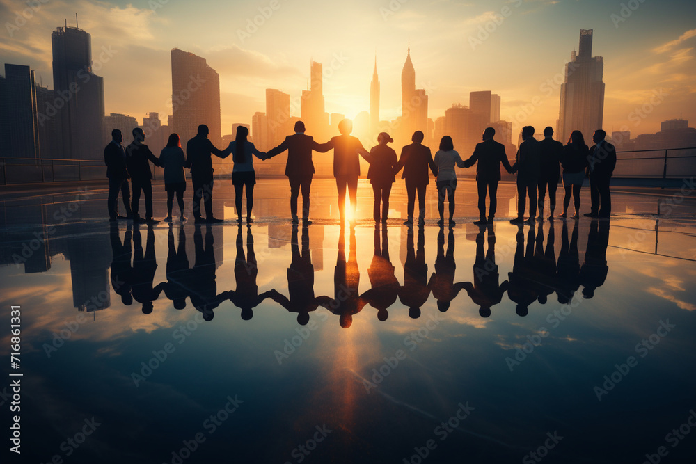 A heartwarming scene of a business team holding hands in a circle, signifying unity, trust, and the shared commitment to navigate challenges together, forming a strong and supporti
