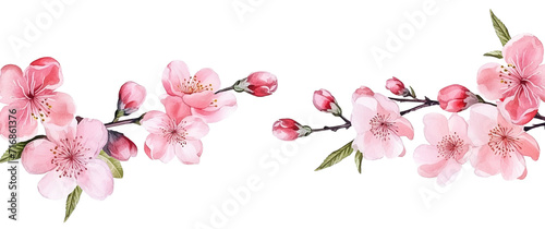 watercolor border of sakura flowers. twigs with spring pink sakura flowers, print