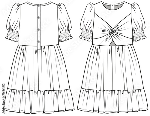 KID GIRLS WEAR FRONT KNOT DRESS WITH FRILLS FRONT AND BACK FASHION FLAT DESIGN VECTOR ILLUSTRATION