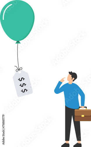 Inflation causing price rising up, Overvalued stock or funds, Consumer purchasing power reducing, Air balloon tied with product price tag, Flying high rising up in the sky

