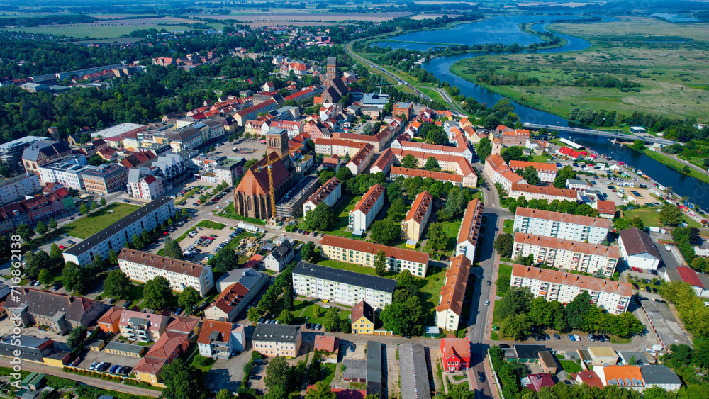 An aerial view of the city Anklam in Germany on a sunny spring day