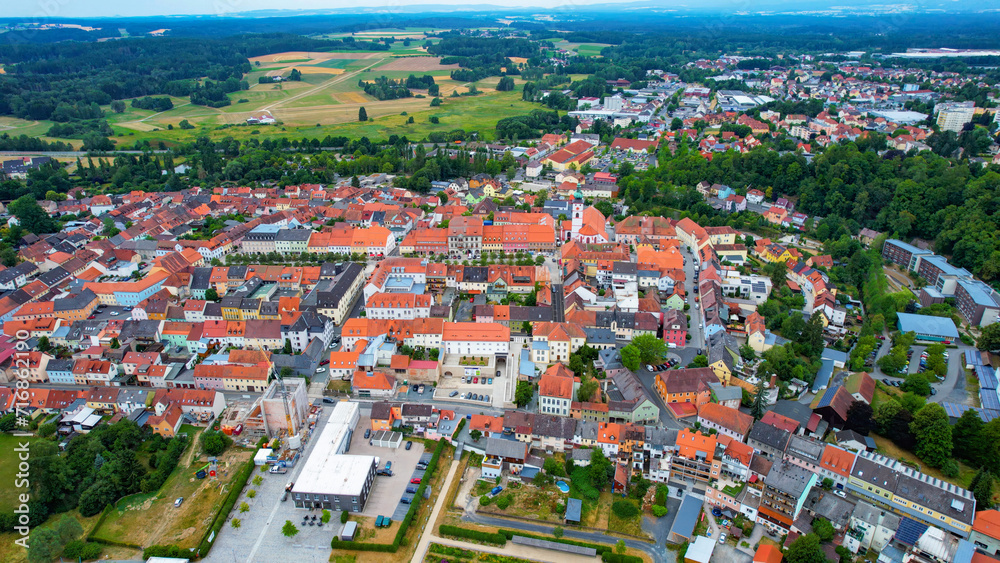 An aerial view of the city Tirschenreuth in Bavaria on a sunny spring day