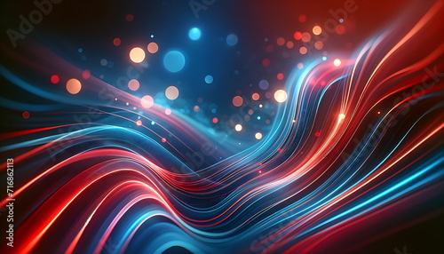 abstract background with red blue glowing neon lines and bokeh lights. © Aksaka