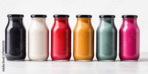 smoothie in glass bottles Smoothie Bottle Assorted fresh smoothie, juice in bottles on white background 