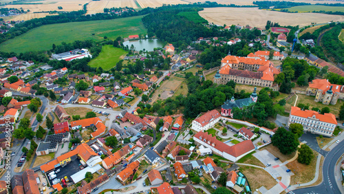 Aerial of the city and monastery Chotesov in the czech republic on a cloudy day in summer