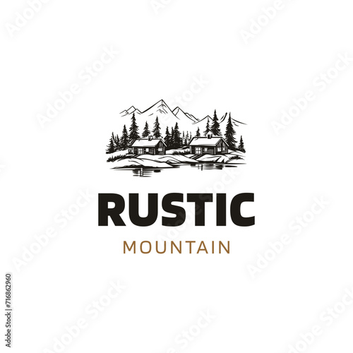 forest wooden house village cabin logo design,premium wooden cabin and pine forest mountain retro vector black logo